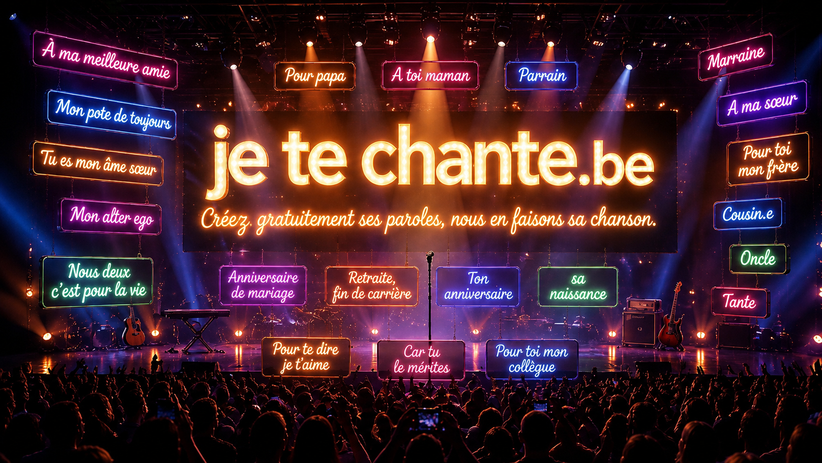 Scène de concert illuminée par des enseignes néon avec le nom je te chante.be